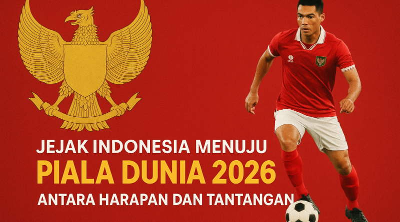 "Poster Garuda emas dan pemain sepak bola Indonesia dengan bola, menggambarkan perjalanan Indonesia menuju Piala Dunia 2026 penuh harapan dan tantangan."