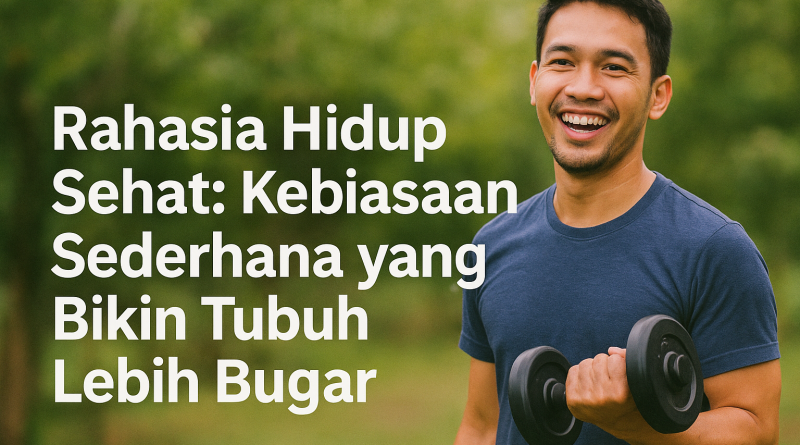 “Seorang pria muda tersenyum sambil berolahraga dengan dumbbell di taman, melambangkan gaya hidup sehat dan bugar.”