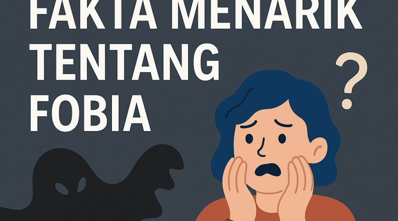 Ilustrasi tentang fakta menarik seputar fobia dengan gambar seseorang yang tampak ketakutan dikelilingi bayangan, laba-laba, dan kelelawar.