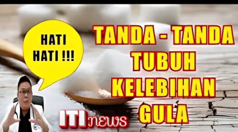 Ilustrasi tanda-tanda tubuh kelebihan gula, menunjukkan gejala seperti kelelahan dan peningkatan rasa haus.”