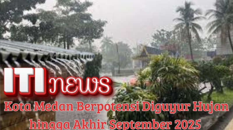 "Hujan deras mengguyur kawasan Kota Medan dengan pepohonan dan jalan basah."