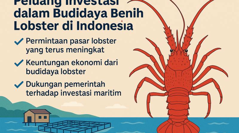 peluang investasi dalam budidaya benih lobster di Indonesia dengan gambar lobster merah dan tambak laut di latar belakang.