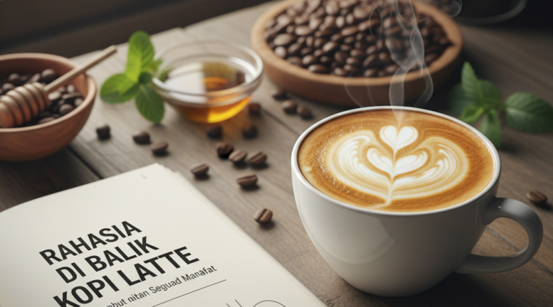 Secangkir kopi latte panas dengan latte art daun di atas meja kayu, di samping buku terbuka berjudul "Rahasia di Balik Kopi Latte," biji kopi, dan madu. Menampilkan suasana tenang dan informatif tentang manfaat kopi.