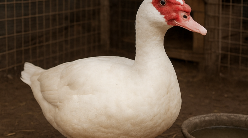 Entok jumbo putih di kandang dengan wadah pakan dan air, contoh peternakan entok sehat untuk hasil optimal.