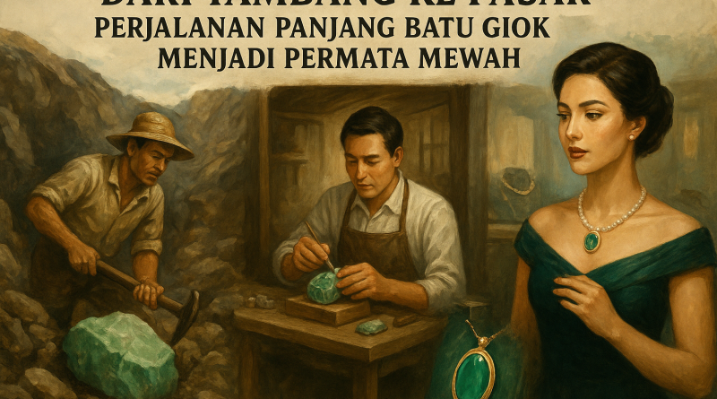Ilustrasi perjalanan batu giok dari tambang hingga menjadi perhiasan mewah, menampilkan penambang, pengrajin, dan wanita mengenakan kalung giok.