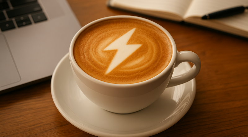 Secangkir kopi latte dengan seni busa berbentuk petir di atas meja kerja, melambangkan energi dan produktivitas di pagi hari.