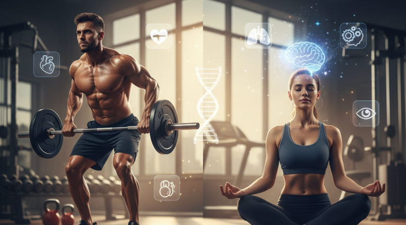 Pria angkat beban dan wanita meditasi di gym melambangkan manfaat gym untuk tubuh kuat dan pikiran sehat.